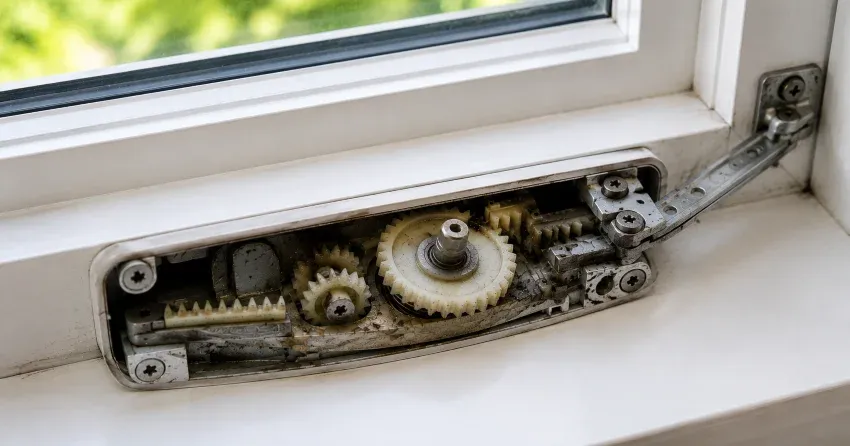 technician replacing casement window crank operator in Riverview, Winnipeg home