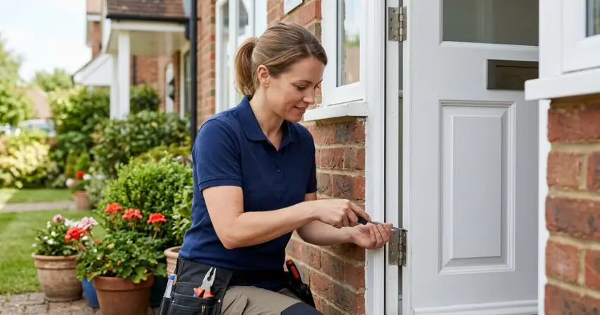 technician repairing exterior door hinge and frame in Winnipeg