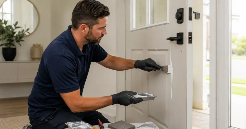 technician repairing fiberglass door surface crack in Spence, Winnipeg