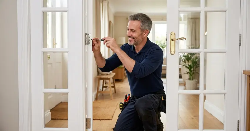technician adjusting French door hinge for proper alignment in Centennial, Winnipeg