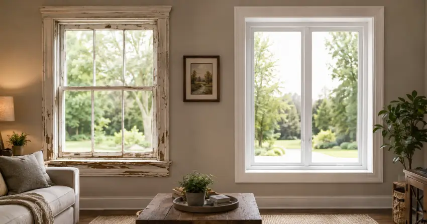 side by side comparison of old and new window in Winnipeg