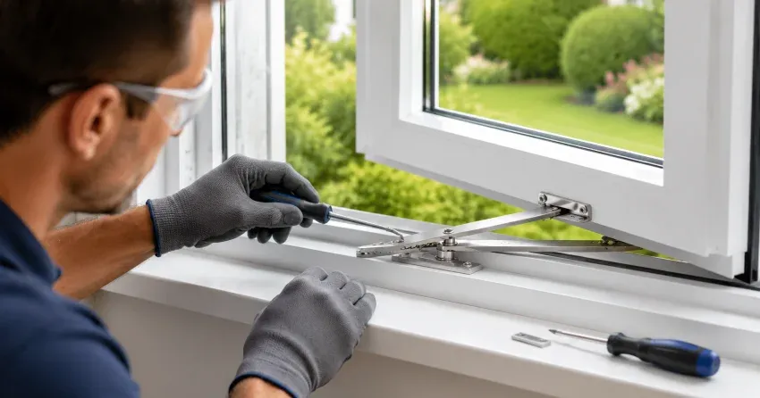 automatic door technician inspecting sensor and control panel in Winnipeg