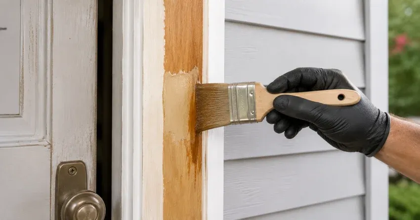 technician probing rotted wood on a door frame in Riverview, Winnipeg