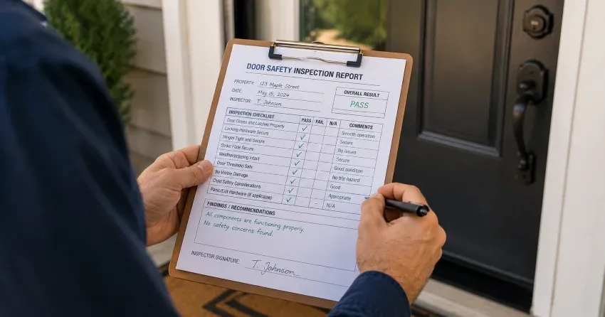 inspector checking strike plate and door frame during safety inspection in Dufferin, Winnipeg
