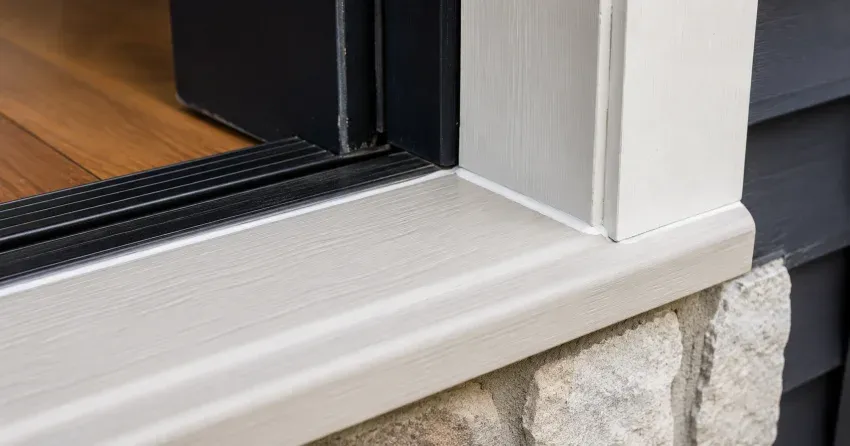 technician repairing a wood door sill threshold