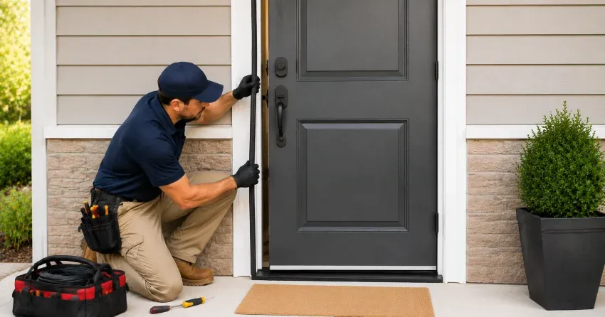 technician inspecting entry door hinge and frame alignment