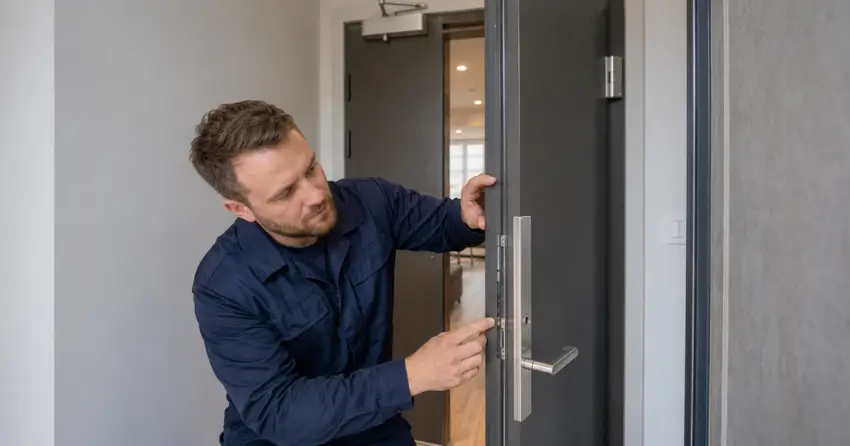 technician inspecting fire-rated door seal and hardware in Winnipeg