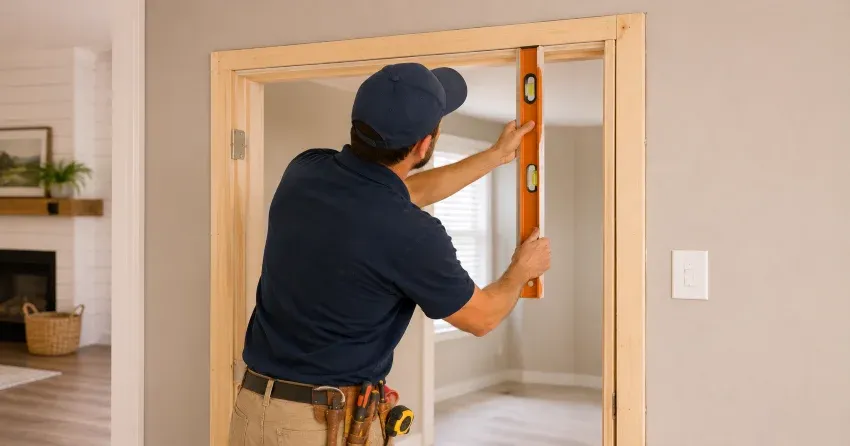 technician installing interior door frame and hinges