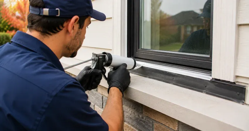 technician inspecting window flashing for leak source in Winnipeg