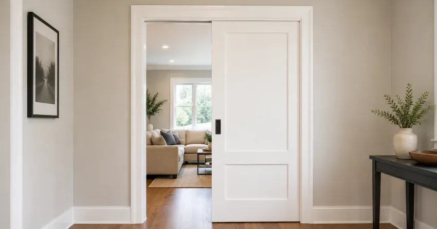 pocket door installation process showing wall framing and track