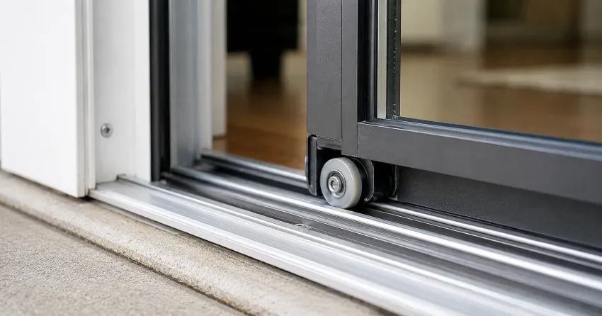technician repairing sliding door track and rollers
