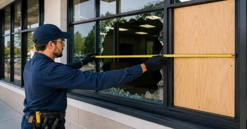 plywood board-up secured over broken storefront window