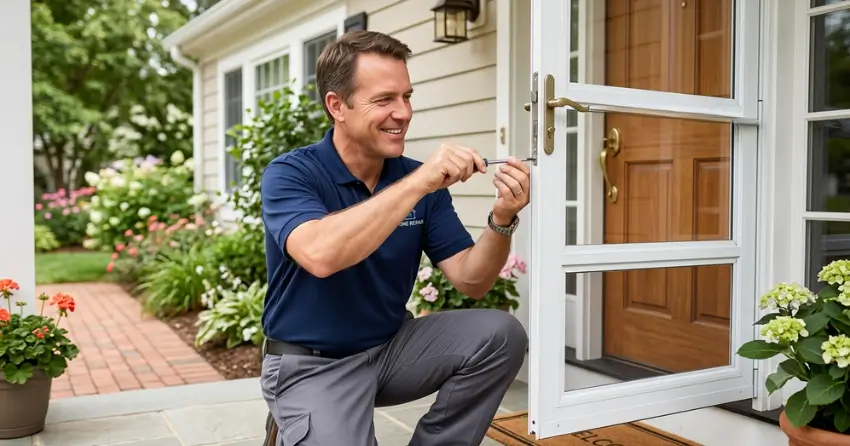 technician adjusting storm door hinge and closer in Chevrier, Winnipeg