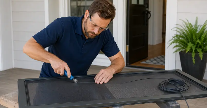 technician replacing screen door mesh and spline in Booth, Winnipeg