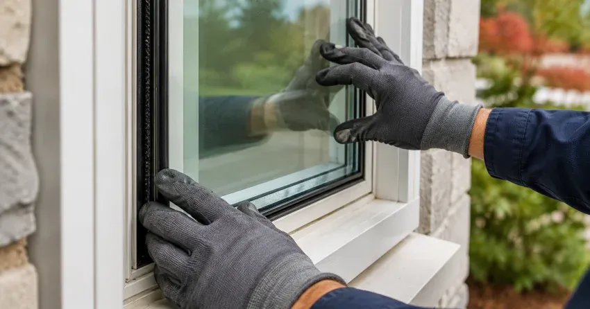 technician replacing insulated glass unit in window frame