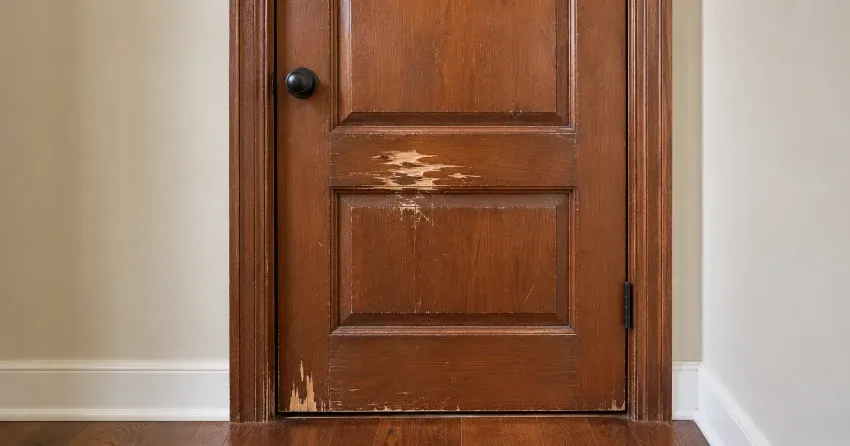 technician repairing a wooden door panel