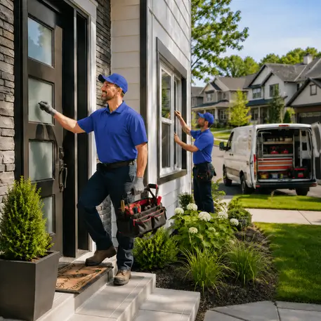 Technicians carrying out door, window and glazing work at properties across the coverage area