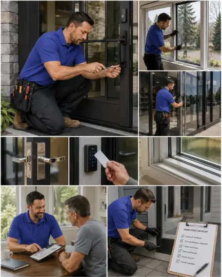 A technician replacing a failed sealed glazing unit in a window frame