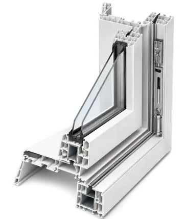 Cutaway showing the internal chambers and steel core of a window frame